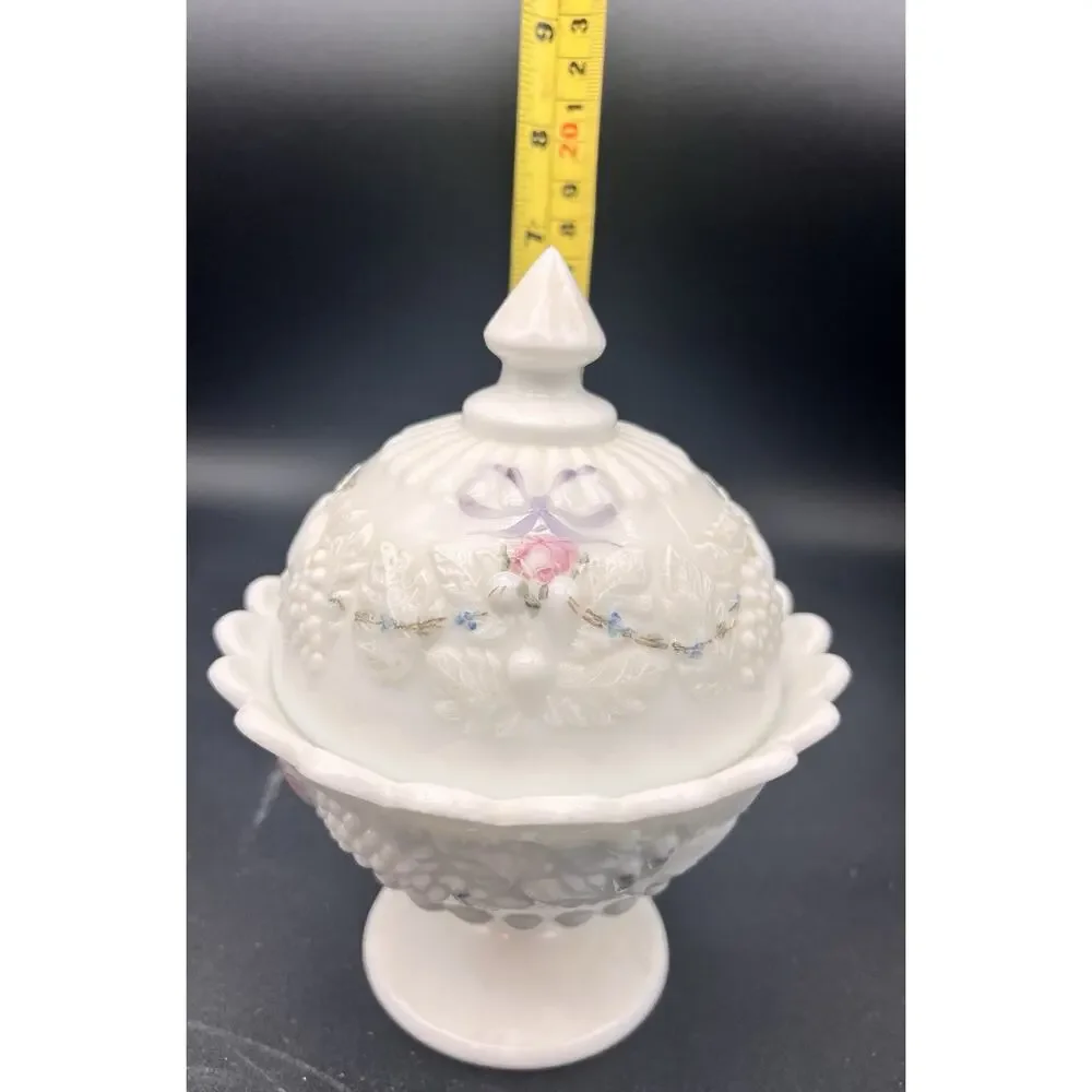 Vintage Westmoreland Milk Glass Round Candy Dish Hand Painted Roses & Bows